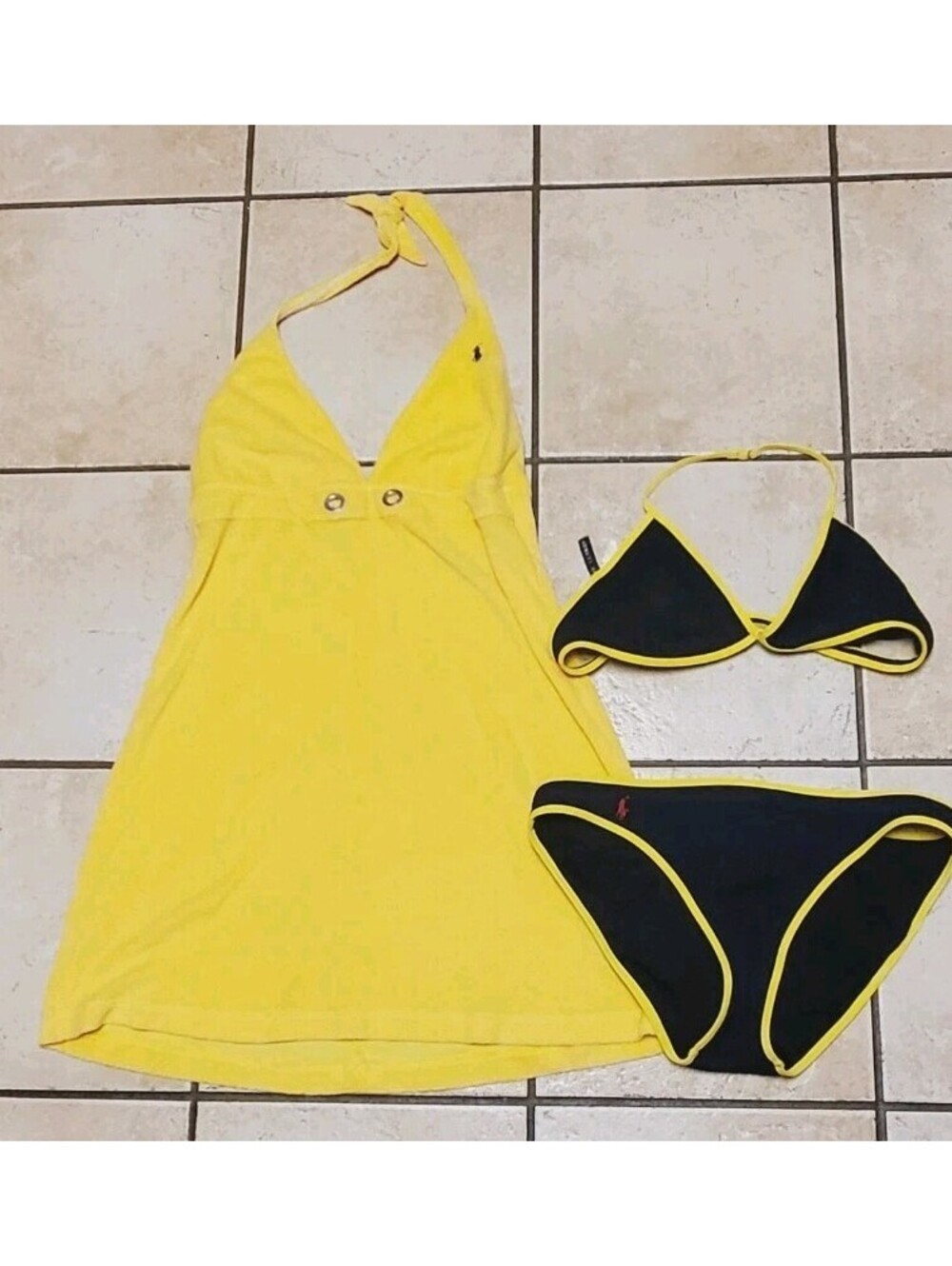 Ralph Lauren | Bikini Set Yellow Trim Halter, Small Pony Med. & L Terry Cover